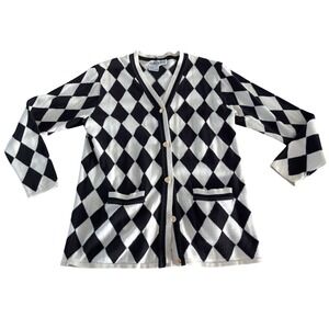 Vintage Carlisle Sport Black & White Argyle Cotton Cardigan Sweater M Preppy